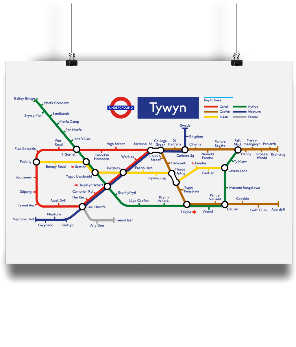 Maps and Signs Tube Map 'Tywyn' A3 Bamboo Print