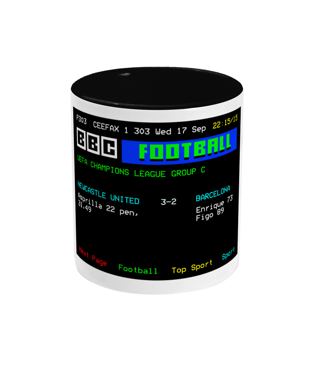 Football Teletext 'NEWCASTLE v Barcelona 1997' Mug