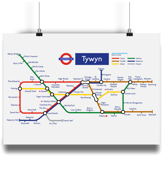 Maps and Signs Tube Map 'Tywyn' A3 Bamboo Print